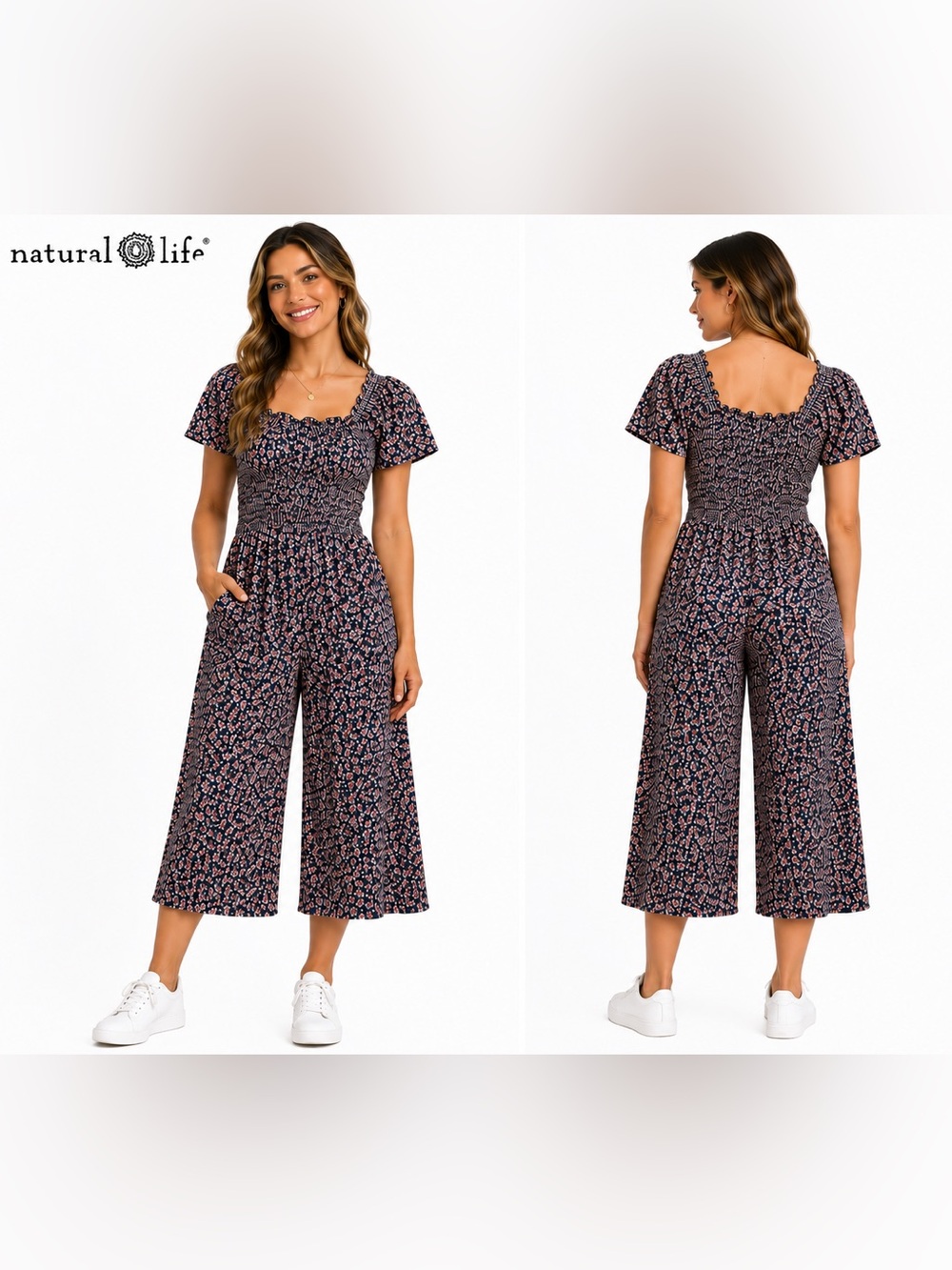Natural Life Medium Floral Smocked Wide Leg Cropped Jumpsuit 100% Rayon Boho
